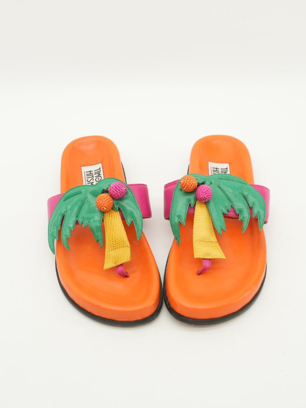 Leather Sandals Vintage Leather Palm Tree Flats Tropical Colorful Slides - Picture 12 of 12